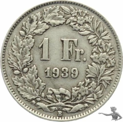 1939 Schweiz 1 Franken mit Stempelriss Wertseite 3 Uhr